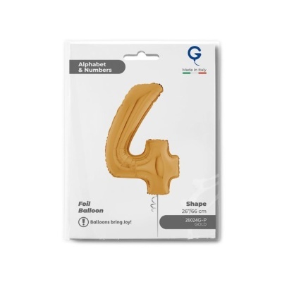 Balão dourado em forma do número 4 em embalagem branca com texto
