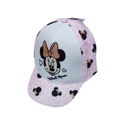 Boné infantil Minnie Mouse branco e rosa com padrão de leopardo e silhuetas da Minnie
