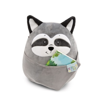 Mochila infantil de peluche cinzenta em forma de guaxinim com bolso frontal