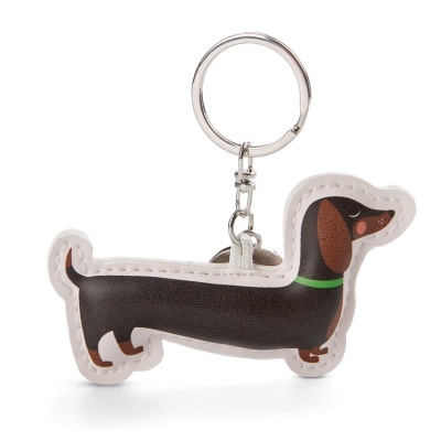 Porta-chaves em forma de cachorro dachshund preto com detalhes castanhos e verde