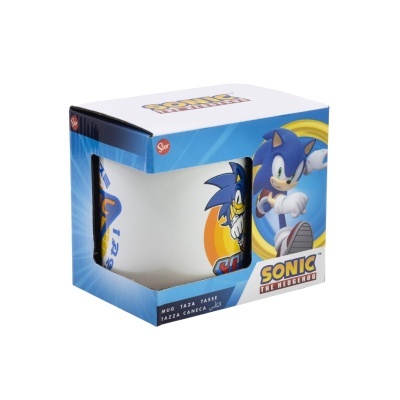 Caixa azul e branca com figura do Sonic e texto Sonic the Hedgehog, contendo caneca de porcelana