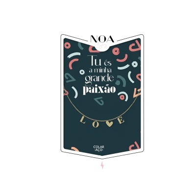 Colar de aço com pendente LOVE em embalagem com texto e padrões abstratos