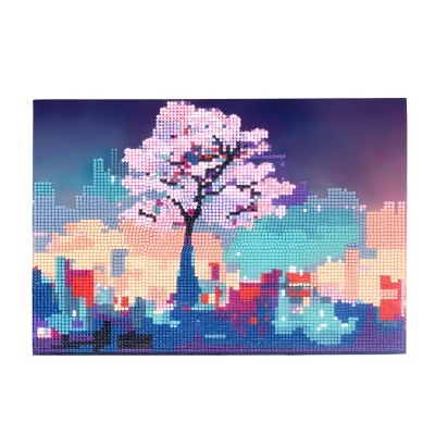 Quadro pixelado com imagem de árvore cor de rosa e fundo colorido