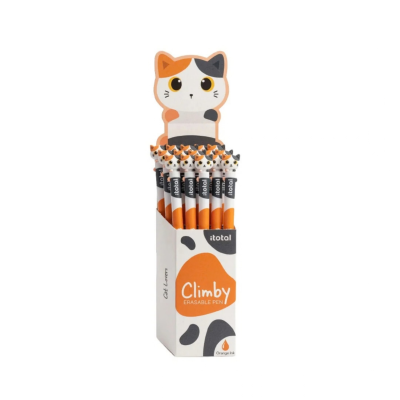 Canetas com tampa de gato colorido e caixa branca com manchas pretas e texto