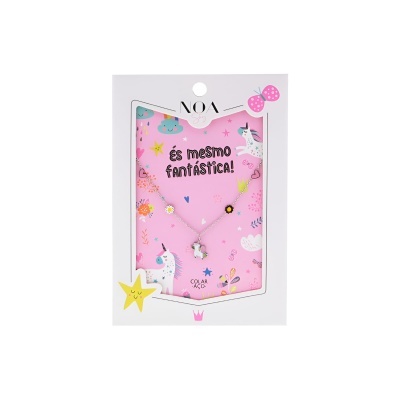colar com pendente estrela em cartão cor-de-rosa com unicórnios e texto és mesmo fantástica