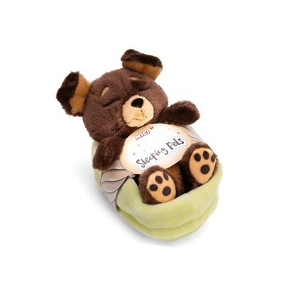 Pelúcia de urso castanho adormecido numa cama verde com travesseiro branco