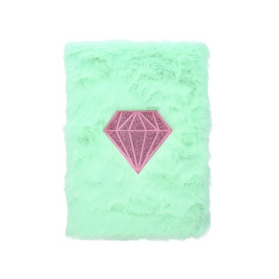 Caderno com capa felpuda verde clara e bordado de diamante rosa