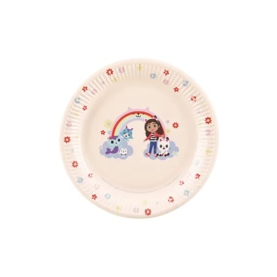 Prato de papel branco com flores e ilustração de menina e animais