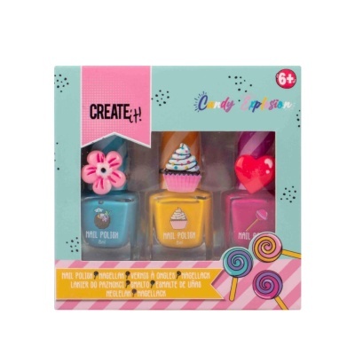 Conjunto de três vernizes para unhas coloridos em embalagem com decoração colorida e texto