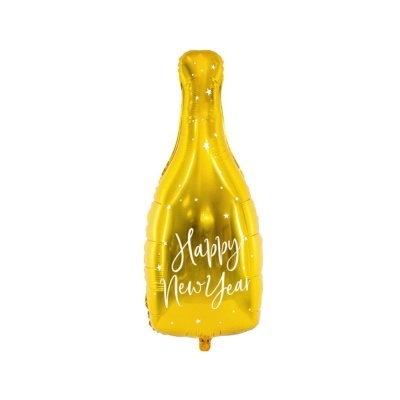 Balão dourado em forma de garrafa com texto Happy New Year