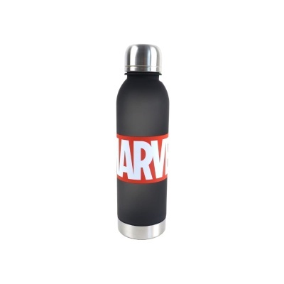 Garrafa térmica preta com tampa de inox e texto MARV em vermelho e branco.
