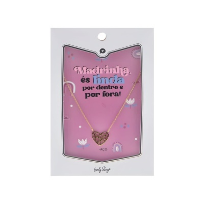 Colar dourado com pendente de coração em cartão rosa com texto para madrinha