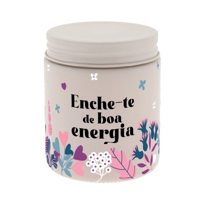 Frasco decorado com padrões florais e texto 'Enche-te de boa energia'