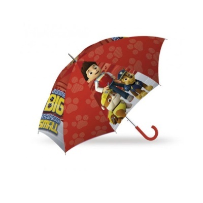 Guarda-chuva infantil vermelho com personagens animados da Patrulha Pata e padrão de patas