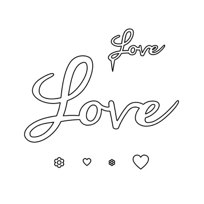 Palavras Love em diferentes tamanhos com ícones de flores e corações em preto e branco