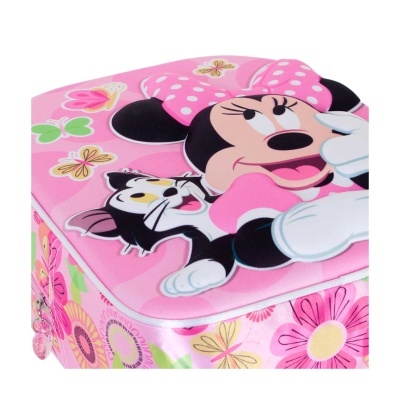 Estojo rosa com imagem de Minnie Mouse e padrão de flores e borboletas