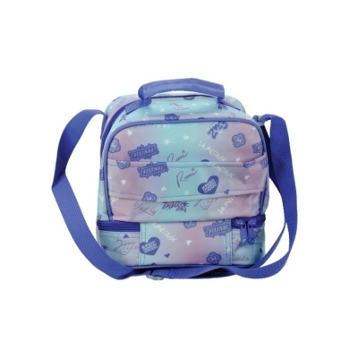 Mala pequena de tecido com padrão azul e roxo com alças e pega azuis e vários textos e desenhos.