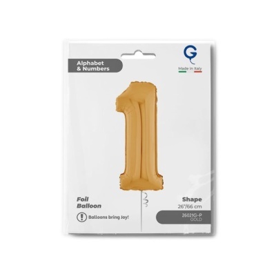 Balão dourado em forma de número 1 em embalagem branca