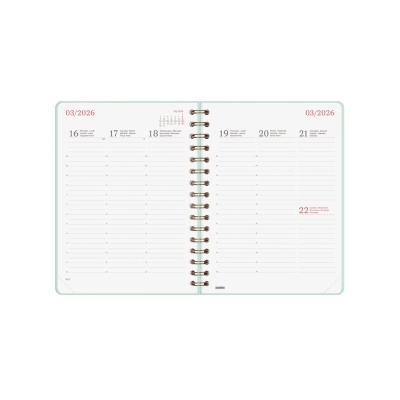 Agenda semanal aberta com datas de março de 2026 e anel metálico