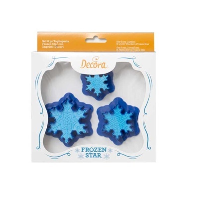 Conjunto de 3 cortadores de bolachas azuis em forma de floco de neve na embalagem Decora