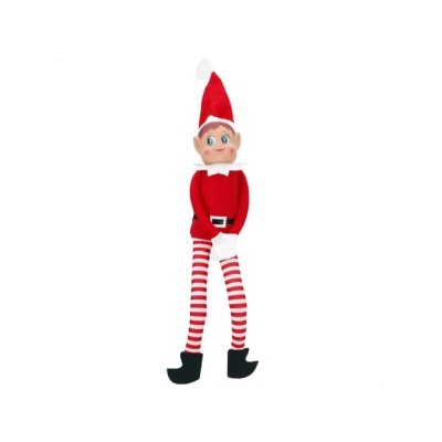 Boneco elfo de Natal com corpo vermelho e pernas às riscas vermelhas e brancas