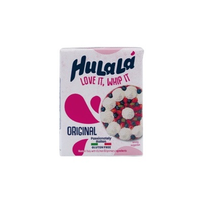 Embalagem branca com detalhes rosa e azul escuro do chantilly Hulalà Original