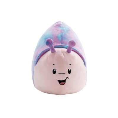 Pelúcia lagarta sorridente em tons lilás, rosa e azul