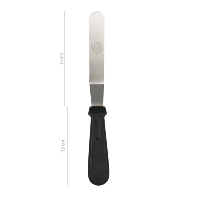 Espátula de metal com cabo preto sobre fundo branco