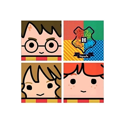 Ilustração de rostos de personagens de fantasia e brasão de Hogwarts