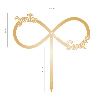 Topo de bolo em forma de infinito dourado com texto Juntos para Sempre e Just Add Love