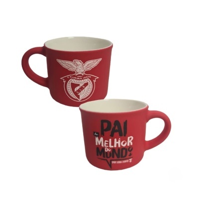 Canecas vermelhas com interior branco, uma com emblema SLB e outra com texto PAI MELHOR DO MUNDO.