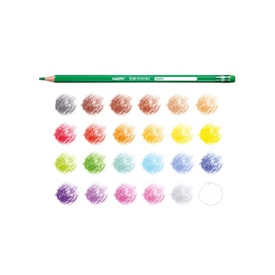 Lápis de cor verde com amostras riscadas em papel em várias cores