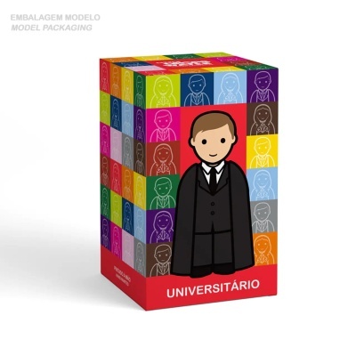 Caixa colorida com personagem universitário e texto em português.