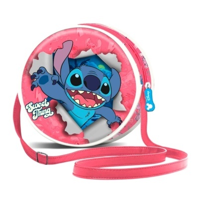Bolsa redonda rosa com imagem do Stitch e texto Sweet Thing