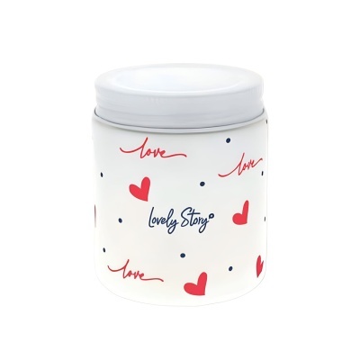 Frasco branco decorado com corações vermelhos e texto Lovely Story