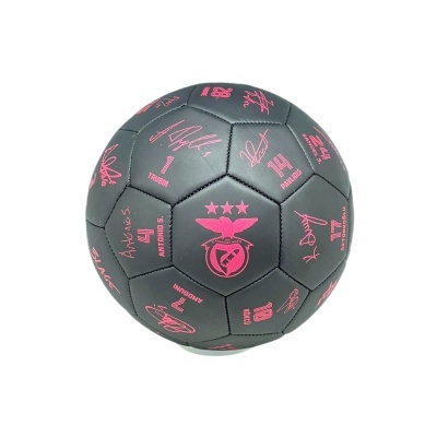 Bola de futebol preta com assinaturas e logótipo do SL BENFICA em rosa