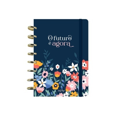 Caderno azul escuro com flores coloridas e texto O futuro é agora