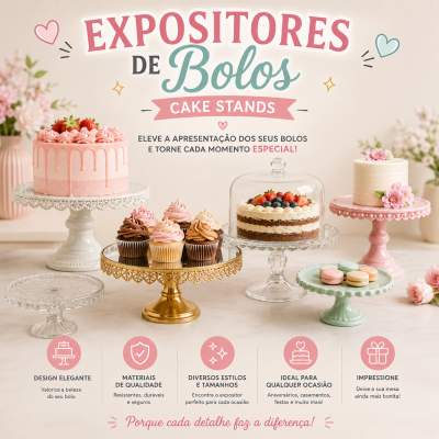 Expositores de bolos em diferentes cores e materiais com bolos decorados, cupcakes e macarons