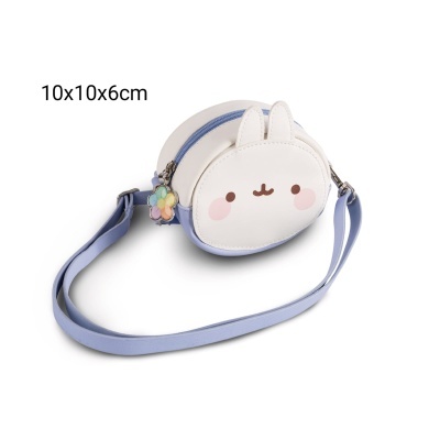 Bolsa infantil redonda com rosto de coelho branco e alça azul