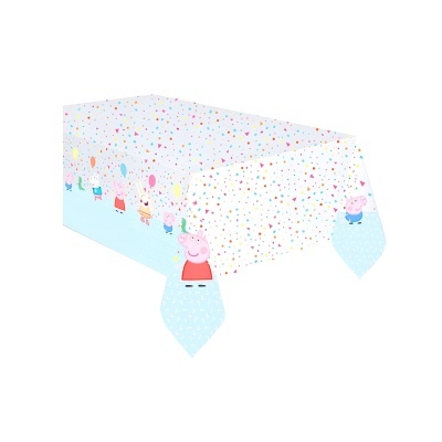 Toalha de mesa infantil branca com confetes e Peppa Pig com balões