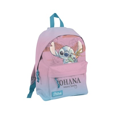Mochila rosa e azul com personagem Stitch e texto OHANA