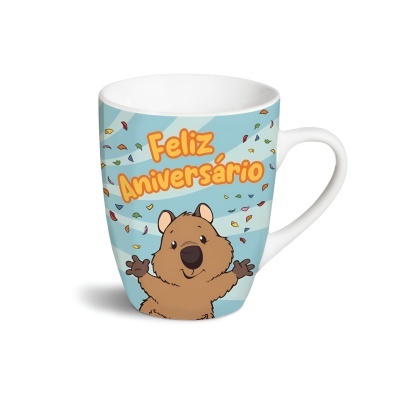 Caneca de cerâmica branca com desenho de canguru e texto Feliz Aniversário