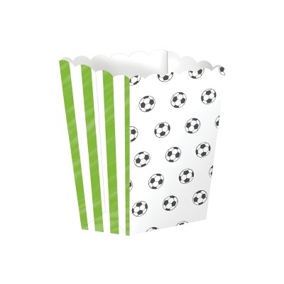 Caixas para pipocas brancas com padrão de bolas de futebol e listra verde