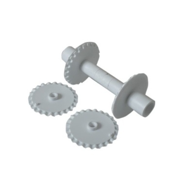 Peças plásticas brancas com rodas dentadas serrilhadas.