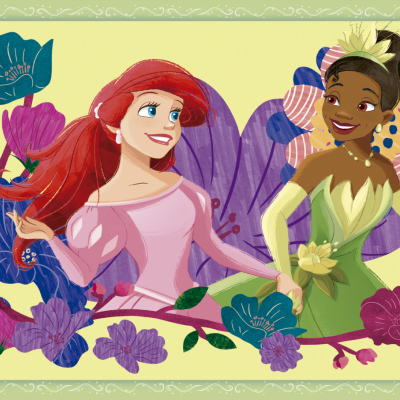 Ilustração colorida de duas princesas Disney com flores e fundo amarelo