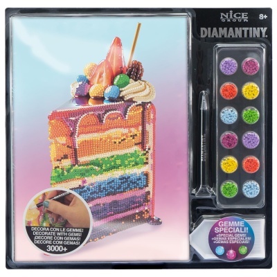 Conjunto para decorar com gemas coloridas e imagem de bolo decorado.