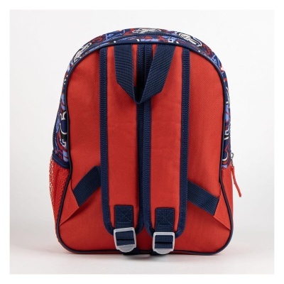 Mochila vermelha e azul com alças acolchoadas e padrão colorido no topo