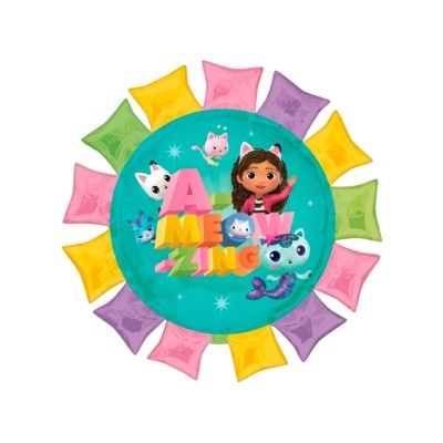 Balão decorativo redondo azul com texto e personagens animados e almofadas coloridas em volta