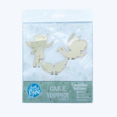 Cake toppers acrílicos em forma de anjinhos em embalagem transparente com etiqueta verde com texto