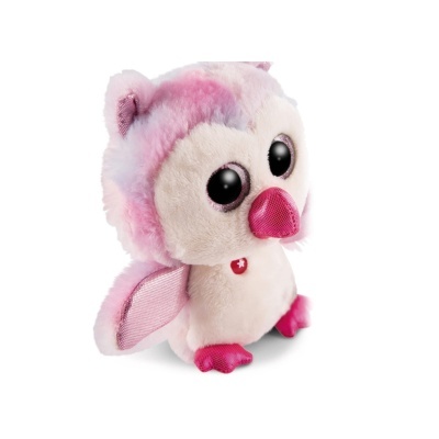 Peluche de coruja rosa e branco com asas e bico rosas brilhantes